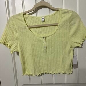 BP Womens Ribbed Knit Top Lettuce Edge Cropped Button Front‎ Yellow Size M